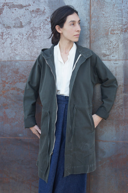 Luna Washed Twill Front Zip Hooded Coat