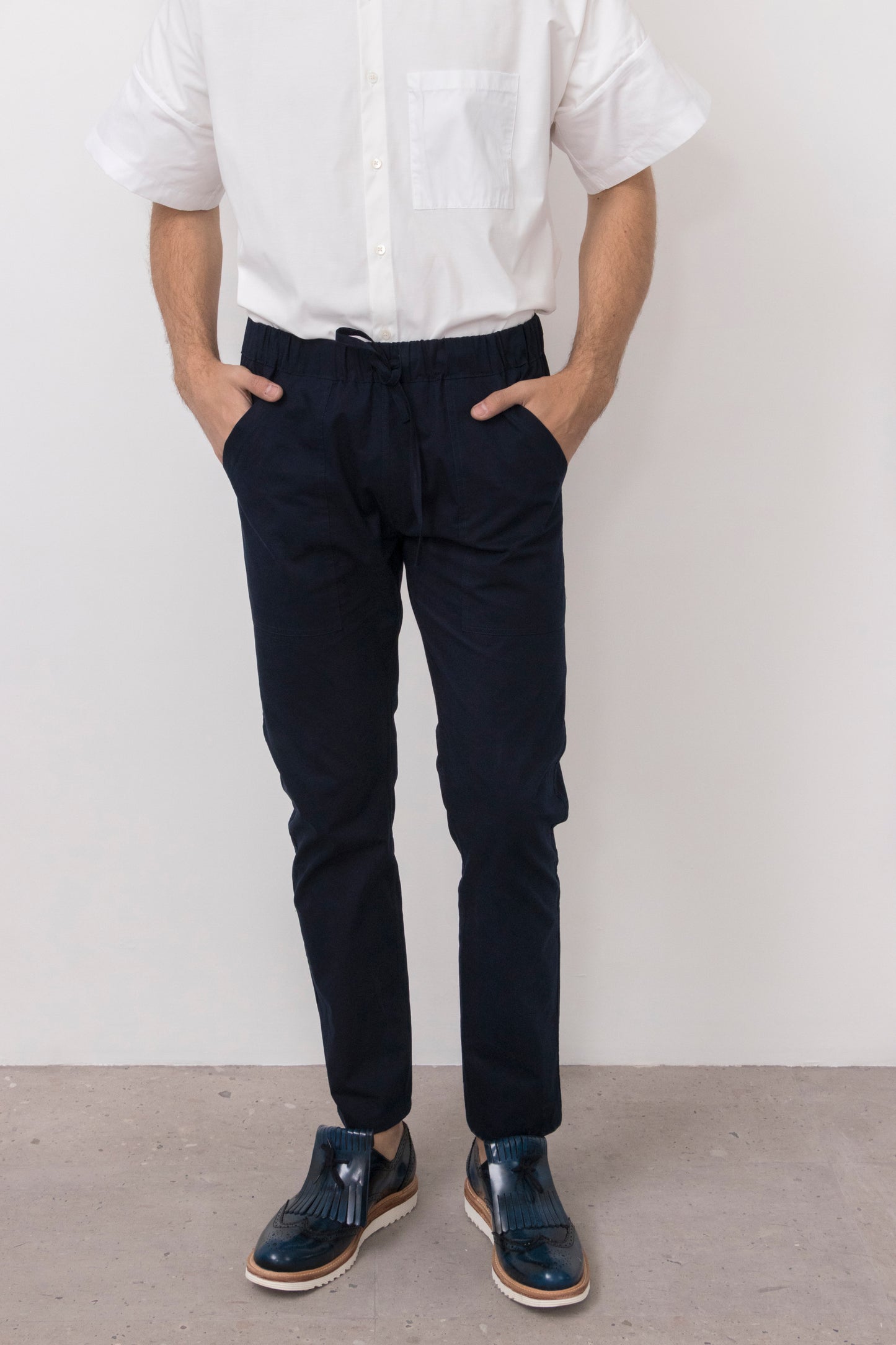 Simple by Trista Slim-Fit Cotton Twill Drawstring Pants in Navy Blue